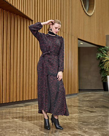 Misswhence Desenli Cupro Elbise 38829 bordo