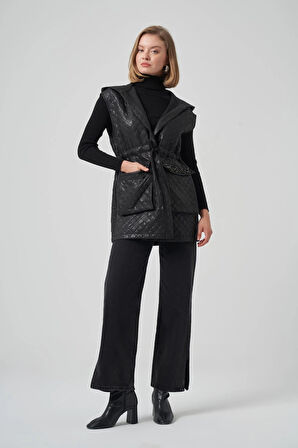 Nuss 6022 Cep Kapakları Taş İşlemeli Yelek - Siyah