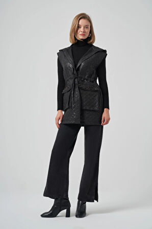 Nuss 6022 Cep Kapakları Taş İşlemeli Yelek - Siyah