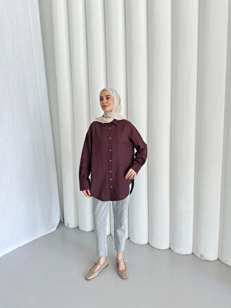 merwish Düğme Keten Gömlek-Bordo 1362