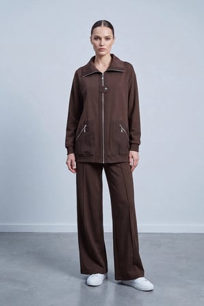 puane Ön Pat Detaylı Fermuarlı Pantolonlu Takım 14523 Browni