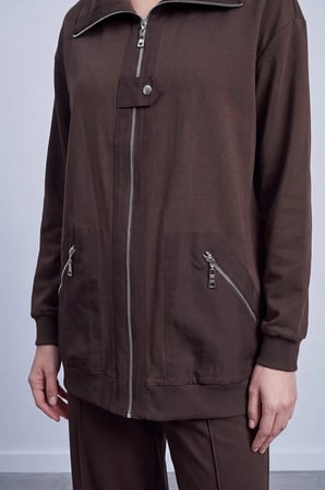 puane Ön Pat Detaylı Fermuarlı Pantolonlu Takım 14523 Browni