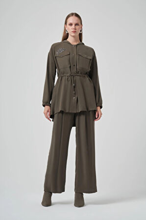 Nuss 1022 Taş İşlemeli Pantolonlu Takım - Haki