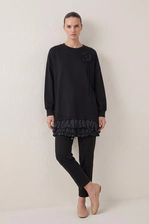 puane Yaka Çiçek Aplikeli Tunik 10815 Siyah