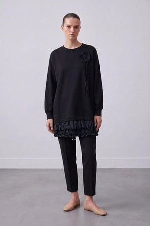 puane Yaka Çiçek Aplikeli Tunik 10815 Siyah