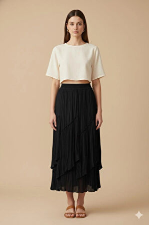 Sentez 5475 Viola Parçalı Kırıştırma Etek - Siyah