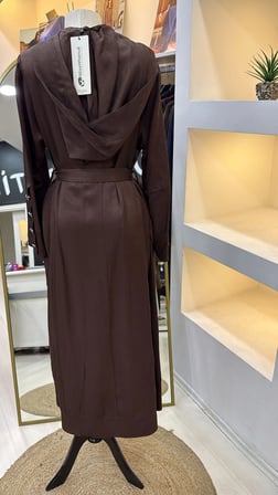 Misswhence Cep Detaylı Kapüşonlu Chanel Keten Pardesü 39504 KAHVE