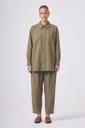 Nuss 1092 Çift Cep Detay Kendinden Desenli Takım Olive