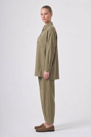 Nuss 1092 Çift Cep Detay Kendinden Desenli Takım Olive