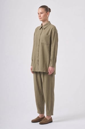 Nuss 1092 Çift Cep Detay Kendinden Desenli Takım Olive