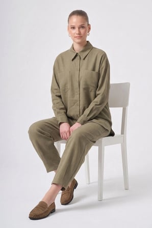 Nuss 1092 Çift Cep Detay Kendinden Desenli Takım Olive