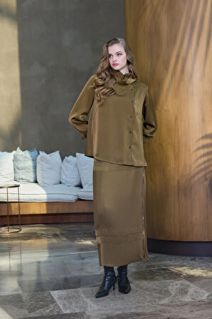 Misswhence Saten Pliseli Etek Takım 38015 HAKİ