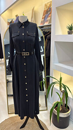 Nuss kemer ve citcit detayli ipek elbise 2002 siyah