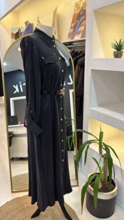 Nuss kemer ve citcit detayli ipek elbise 2002 siyah