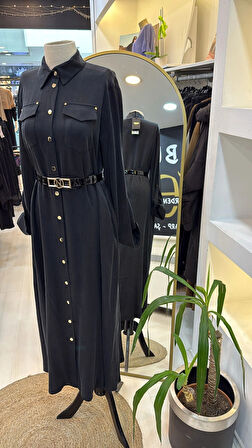 Nuss kemer ve citcit detayli ipek elbise 2002 siyah