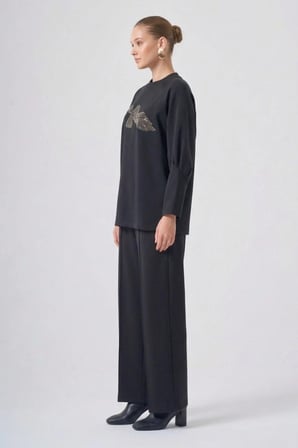 Nuss 1077 Çiçeği Boncuk İşlemeli Pantolonlu Takım Siyah