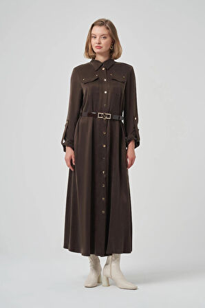 Nuss kemer ve citcit detayli ipek elbise 2002 kahve