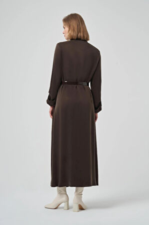 Nuss kemer ve citcit detayli ipek elbise 2002 kahve