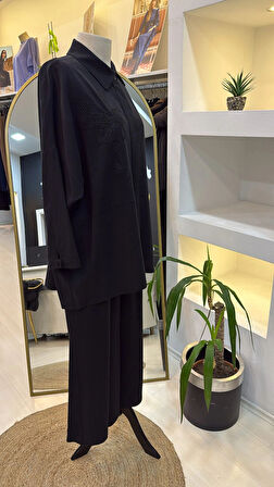 Nuss 1034 cicek nakişli pantolonlu takim siyah