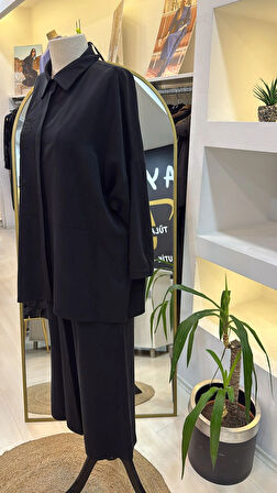 Nuss 1034 cicek nakişli pantolonlu takim siyah