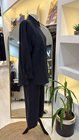 Nuss 1021 Kendinden Çizgili Pantolonlu Takım - siyah