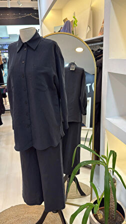 Nuss 1021 Kendinden Çizgili Pantolonlu Takım - siyah
