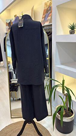 Nuss 1021 Kendinden Çizgili Pantolonlu Takım - siyah