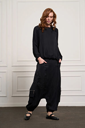 MİSSWHENCE Keten Şalvar Takım 37002 SİYAH