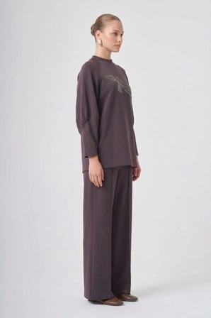 Nuss 1077 Çiçeği Boncuk İşlemeli Pantolonlu Takım kahve