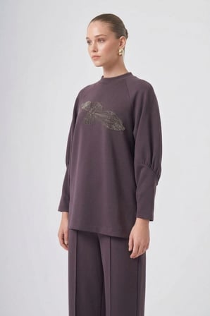 Nuss 1077 Çiçeği Boncuk İşlemeli Pantolonlu Takım kahve
