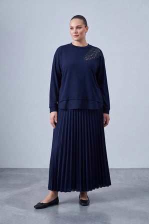puane Büyük Beden Bluzu Tül Detay Etekli Takım 19283 F.Navy