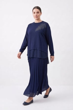 puane Büyük Beden Bluzu Tül Detay Etekli Takım 19283 F.Navy