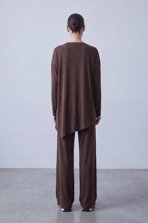 puane Asimetrik Kesim Düğmeli Tunik Pantolon Takım Kahverengi 14525