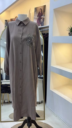PUANE Taş Detaylı Uzun Gömlek Tunik- 10797 KAHVE