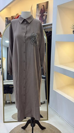 PUANE Taş Detaylı Uzun Gömlek Tunik- 10797 KAHVE