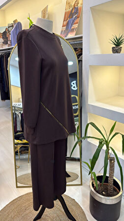 Nuss 1024 pantolonlu Fermuar aksesuar detayli takim kahve