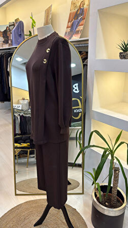 Nuss 1024 pantolonlu Fermuar aksesuar detayli takim kahve