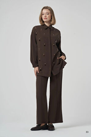 Nuss 1031 Büyük Payet Detaylı Pantolonlu Takım - KAHVE