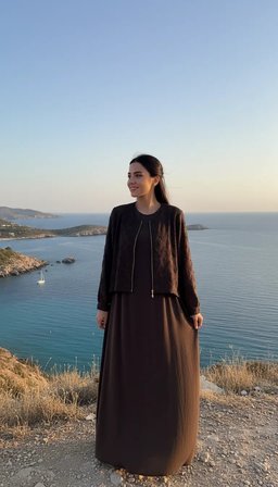 NUSS İpek Cupra Ceketli Uzun Tasarım Elbise 2031 kahve
