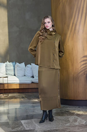 Misswhence Saten Pliseli Etek Takım 38015 yeşil