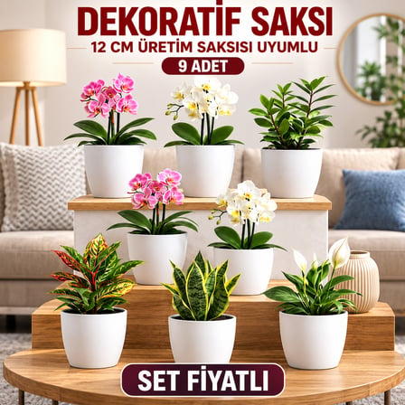 Dekoratif Saksı Seti 9 Adet - 12 cm Üretim Saksısına Uyumlu, Beyaz Saksı - Modern Çiçek Saksısı