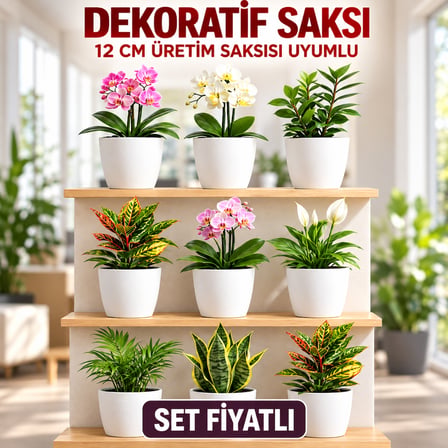 Dekoratif Saksı Seti 9 Adet - 12 cm Üretim Saksısına Uyumlu, Beyaz Saksı - Modern Çiçek Saksısı