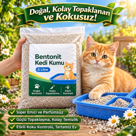Bentonit Kedi Kumu 5 Litre - Doğal, Kolay Topaklanan, Etkili Koku Kontrolü