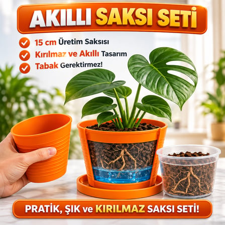 2'li Saksı Seti | 15 Pot Üretim Saksısı + 1.8 L Turuncu Kırılmaz Dekoratif Dış Saksı