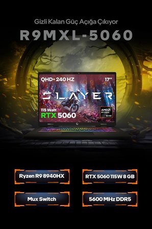 Game Garaj Slayer R9M XL-5060 C7 AMD Ryzen 9 8940HX 16GB RAM 1TB SSD RTX5060 17" QHD+ 240Hz IPS FreeDOS Oyuncu Laptop