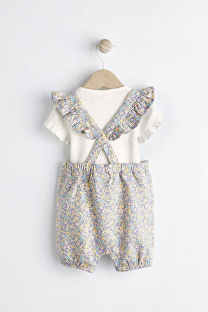 Next Baby % 100 Pamuklu Krem Mavi Ditsy Çiçek Desenli Fiyonklu Kısa Kollu Salopet Body Zıbın Set