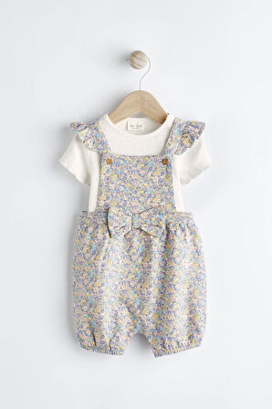 Next Baby % 100 Pamuklu Krem Mavi Ditsy Çiçek Desenli Fiyonklu Kısa Kollu Salopet Body Zıbın Set