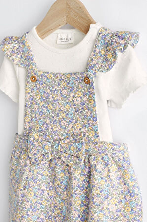 Next Baby % 100 Pamuklu Krem Mavi Ditsy Çiçek Desenli Fiyonklu Kısa Kollu Salopet Body Zıbın Set