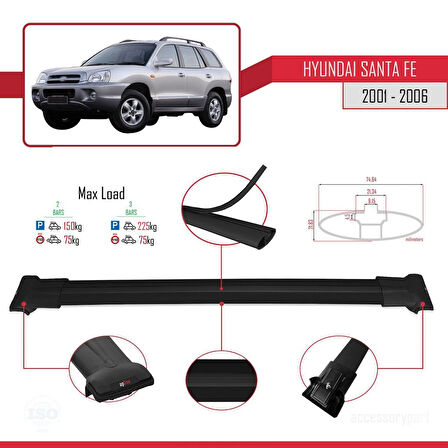 Hyundai Santa Fe (SM) 2001-2006 Arası ile Uyumlu FLY Model Ara Atkı Tavan Barı Siyah 2 Adet