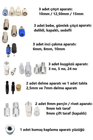 İnci, Çıtçıt, Klikit, Rivet, Kuşgözü Takma Kalıplarıyla Kapsamlı Açık Gri Tulumba Pres Seti (18 Kalıp)